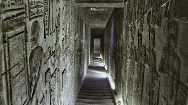Dendera temple corridor with illuminated hieroglyphic walls and ritual reliefs in Egypt, ancient sacred chamber with dramatic lighting on carved sandstone surfaces.
