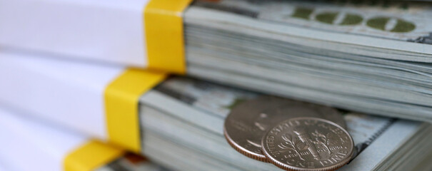 US coin lies among ten thousand dollars packs in stack on big amount of hundred dollar bills © Larysa
