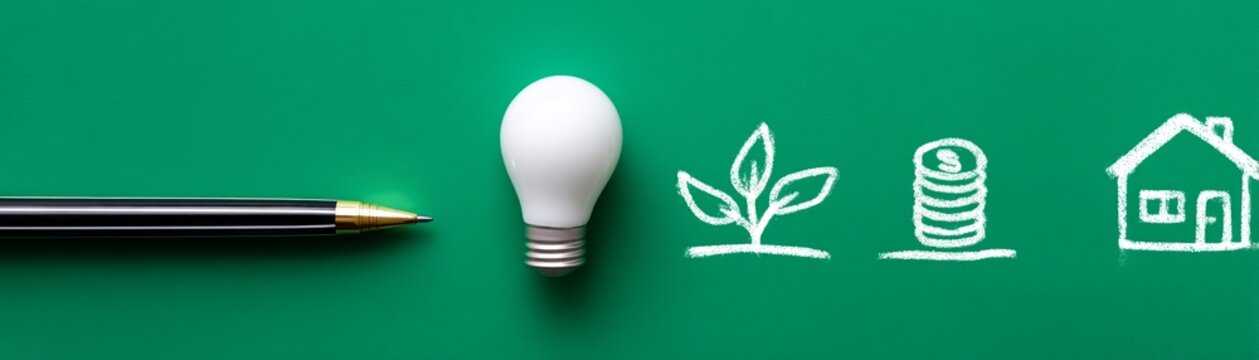 Conceptual Sketch of Estate Insurance and Investment Ideas with a Light Bulb, Plant, Coins, and House Icons on a Green Background