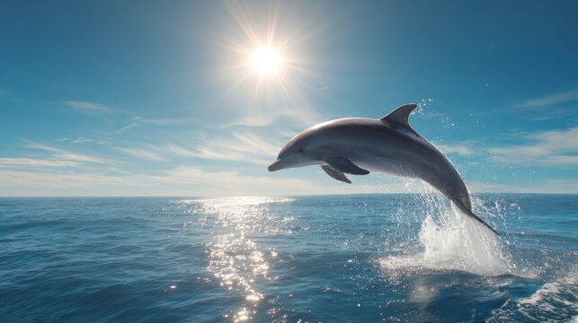 Graceful dolphin leaping from the ocean surface under a bright sunlit sky