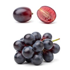 Fototapeta premium Fresh grapes and grape halves on white background for food and nutrition concepts