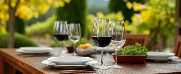 Fototapeta premium Terrace vineyard lunch set with wine glasses and plates dances in the sun’s embrace.
