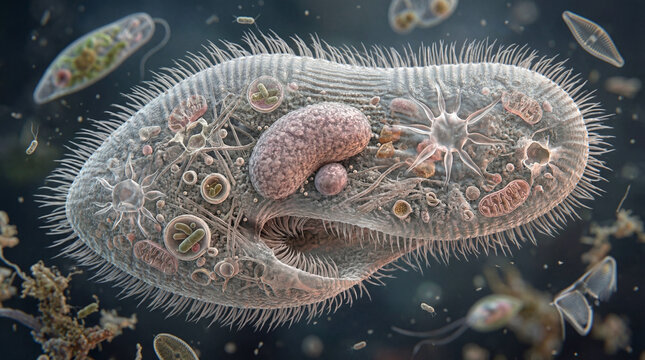 Detailed Microscopic View of Paramecium Protozoa Cell Structure.