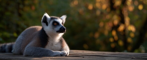 Fototapeta premium The lemur chilling in cozy sunlight on a wooden deck or boardwalk.
