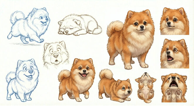 Fluffy Pomeranian Puppy Character Sheet - Cartoon Dog Expressions and Poses Concept Art