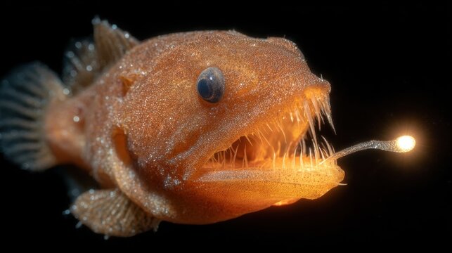 Mysterious Deep Sea Anglerfish With Sharp Teeth and Glowing Lure Against Dark Background
