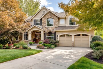 Charming suburban home with a landscaped front yard and mature trees Generative AI