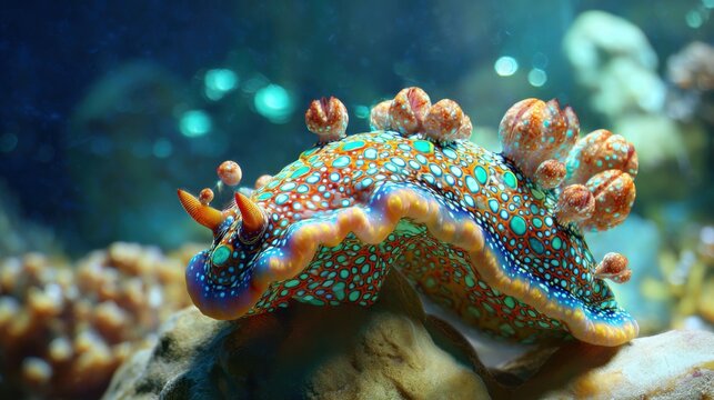 Vibrant and Elaborately Adorned Sea Slug Crawling on a Rocky Ocean Floor Amidst Blurry Blue Waters