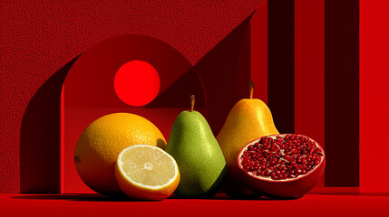 赤い幾何学背景とシトラスフルーツのモダン静物アート