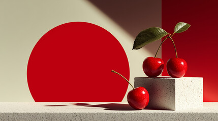 赤い円形背景とチェリーのミニマル静物アート｜モダンフードコンセプト