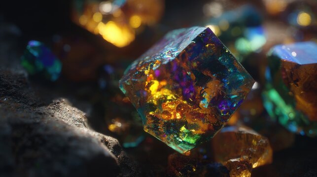 Vibrant iridescent crystal formation displaying rich, colorful textures and geometric facets.