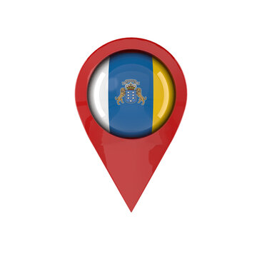 Canary Islands flag with central coat of arms on white blue and yellow stripes inside a 3D red map pointer isolated on white for Spain travel markers