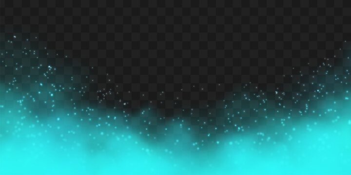 Vivid magic blue smoke cloud with glowing effect on black transparent background. Neon cyan fog with subtle sparkle particles.