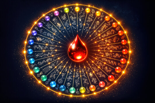 Liquid biopsy data visualisation showing single blood drop detecting 50 cancer types with radial spectrum nodes, molecular motifs, methylation maps, oncology diagnostics concept