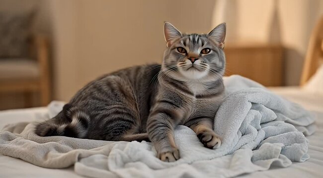 A tabby cat lounges on a pile of soft white blankets