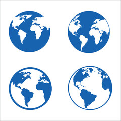 MobilA collection of four minimalist blue and white globe icons, depicting the Earth's continents from various perspectives, symbolizing global connectivity, international reach, and worldwide communi