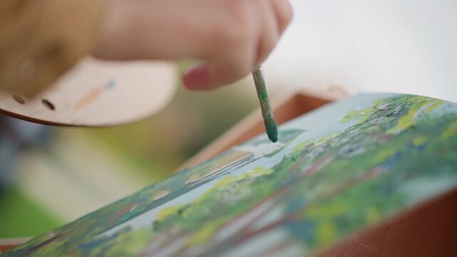 white male artist hand paints closeup applying green pigment with round brush onto textured canvas palette shield held against wrist shallow depth of field outdoor market atmosphere focused technique