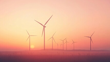Fototapeta premium Wind turbines at sunset over misty landscape, renewable energy wind farm and sustainable electricity generation illustration