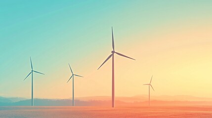 Obraz premium Wind turbines in colorful sunset landscape, renewable energy wind farm and sustainable electricity generation illustration