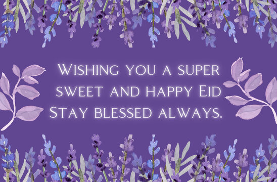 Elegant purple floral Eid Mubarak greeting background with soft glowing text and decorative lavender frame.
