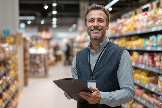 Confident Store Manager Smiling in Grocery Aisle Holding Clipboard in Modern Supermarket