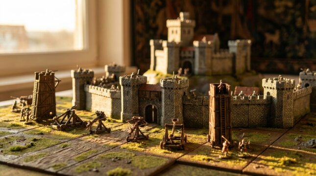 Detailed miniature medieval castle model with siege weapons and soldiers, illuminated by natural light, showcasing historical warfare