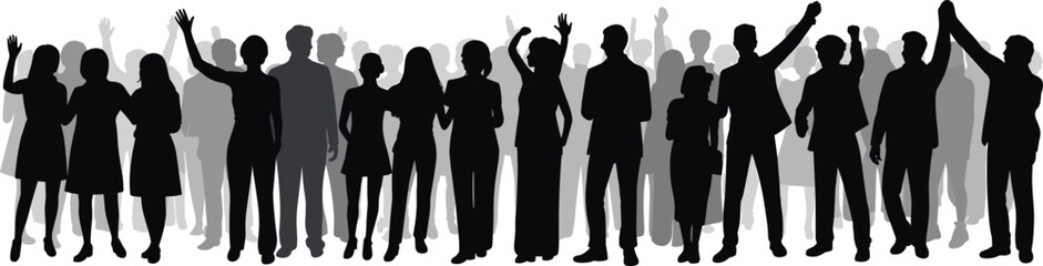 Celebrating crowd silhouette collection, diverse people with raised hands isolated on white background for event concept