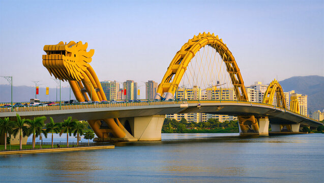 Dragon Bridge in Da Nang, Vietnam with golden dragon architecture over water