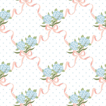 Vintage floral pink ribbon and bows seamless pattern. Preppy hydrangea flower bouquets, hand drawn coquette print, grandmillennial wallpaper, textile design, repeat background. Vector