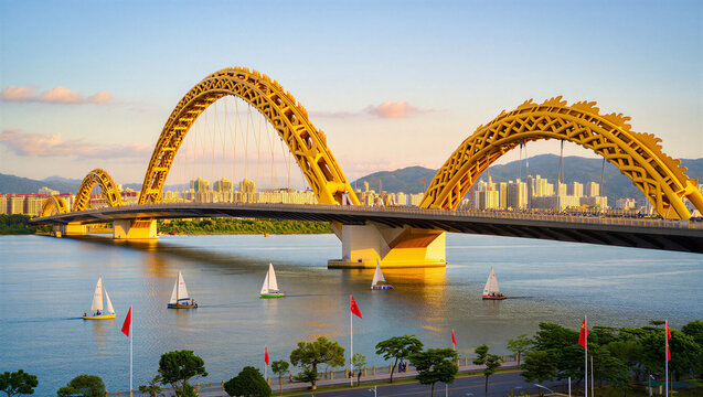 Golden Dragon Bridge in Da Nang at sunset with sailboats on the river