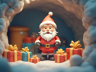 Obraz premium A delightful 3D-styled Santa Claus stands inside a cozy, dimly lit cave, cradling a small gift box while surrounded by colorful presents and a warm, flickering candle flame