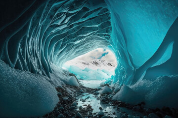 Exploring the stunning ice cave with vibrant blue hues revealing unique formations and textures reflecting light