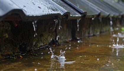 Naklejka premium Rainwater dripping from rustic roof edge splashing on flooded ground during heavy rain