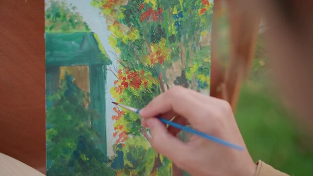 Detailed painting of street with lively foliage. Expressive illustration capturing dynamic urban nature scene. Energetic artist work portraying vibrant cottage setting amidst lush greenery