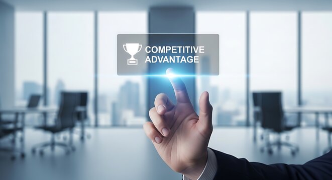 Hand holding a virtual button with competitive advantage text in a modern office.