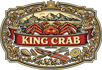 King Crab Ornate Seafood Badge Illustration
