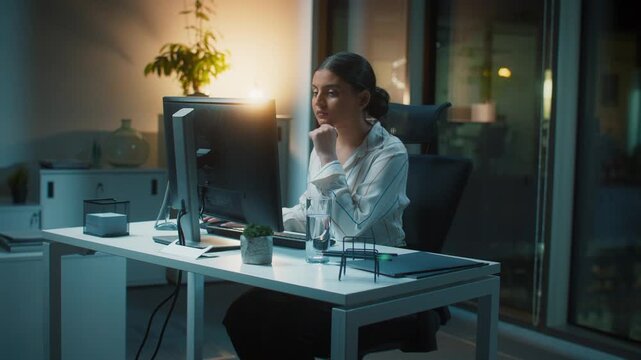 Wide night office view of Asian businesswoman working at computer desk. Charming female resting chin on hand. Looking at monitor indoors. Staying late at workplace. Focused on tasks.