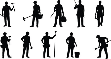 Construction worker silhouettes set with hammer axe shovel and tool bag, professional builder labor vector illustration isolated on white background © SreeShoyagini