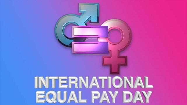 International equal pay day animation with gender equality symbols on blue and pink background