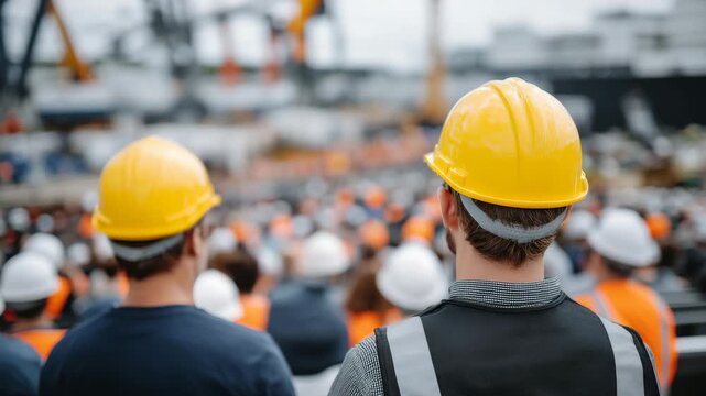 Faceless industrial workers attending professional briefing, construction site education session, coordinated team standing together, emphasis on safety culture and communication