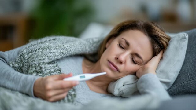 Faceless individual checking thermometer while lying under blanket, seasonal illness symptom depiction, headache and body temperature measurement, exhaustion from cold sickness, de
