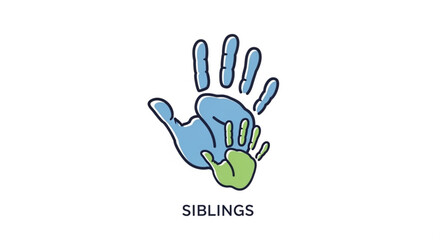 Obraz premium Sibling bond represented by intertwined blue and green handprints on white background
