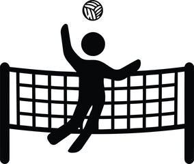 Silhouette of a volleyball player jumping to spike or smash the ball over the net © iankmuin