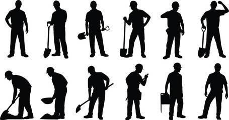 Construction workers silhouette set, industrial laborers with shovel tools and safety helmets, building workforce vector illustration isolated on white background © SreeShoyagini