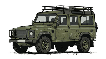 Green off-road vehicle with roof rack, adventure car illustration