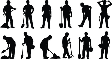 Construction worker silhouettes with shovel pickaxe and tool bag, professional builder labor vector illustration isolated on white background for industry concept © SreeShoyagini