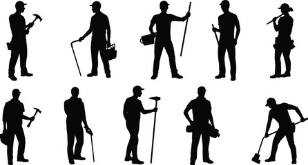 Construction worker silhouettes with hammer crowbar shovel and tool bag, professional builder labor vector illustration isolated on white background © SreeShoyagini