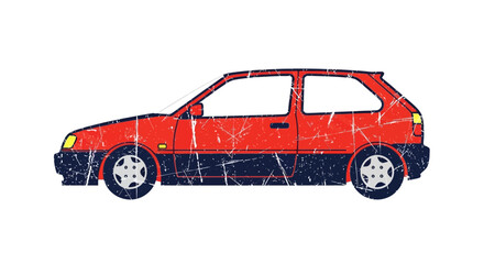 Retro red hatchback car illustration with distressed texture