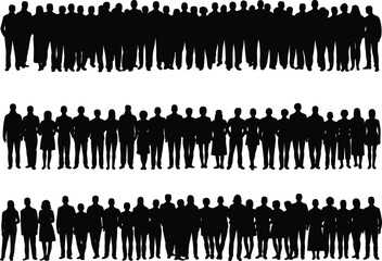 Massive crowd silhouette set, diverse people standing together isolated on white background for community and unity concept