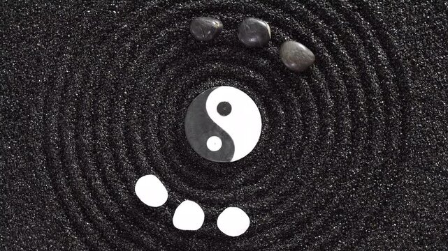 Japanischer ZEN Garten der Meditation und Entspannung f&uuml;r K&ouml;rper, Geist und Seele mit Sand und Yin Yang Steinen in Rotation